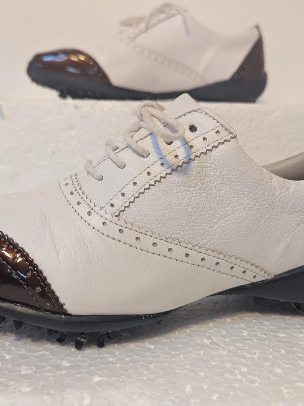 FootJoy White Golf Shoes with Brown Cap Toe